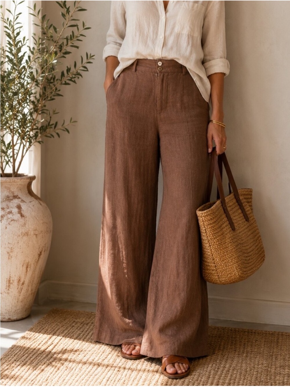 Rebecca Taylor Brown Wide-Leg Linen Pants